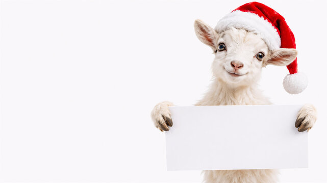 A cute realistic baby goat wearing a red Santa hat holding a blank white empty banner isolated on a white background with copy space.