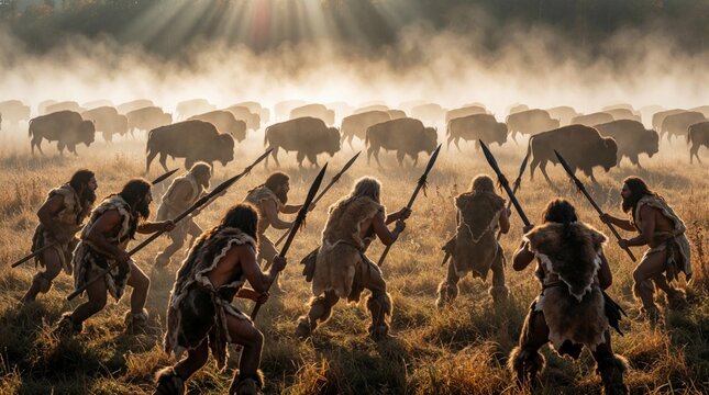 Group of primitive cavemen hunt wild bison in foggy meadow at sunrise. Ancient tribe men use long spears to attack large buffalo herd. Early humans in animal skins chase prey through mist during