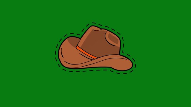 Retro Style Brown Cowboy Hat Sticker Illustration with Dashed Line Border Isolated on Green Screen Background, Vintage Western Apparel Icon for Graphic Design and Animation Projects