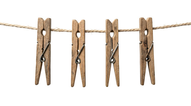 Rustic wooden clothespins on rope clothesline, wooden pegs on laundry line, vintage clothespin set on white background for housework design