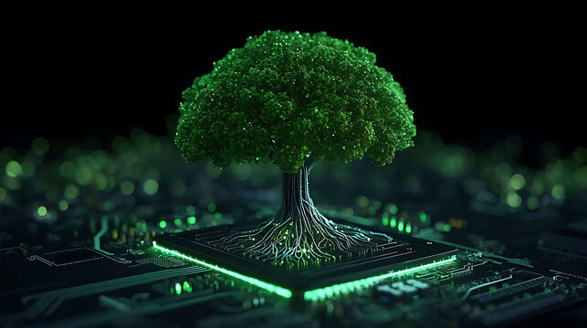 Digital glowing tree made of light lines and circuit board patterns on a black background
