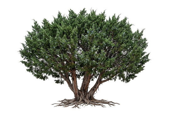 Ultra-realistic mature Mountain Cedar Ashe Juniper (Juniperus ashei), medium-sized dense evergreen with a broad rounded crown, dark blue-green scale foliage, multiple irregular trunks,