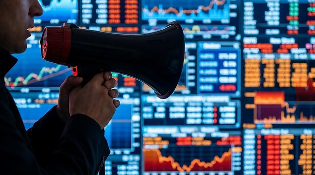 Silhouette of a businessman using a megaphone in front of a digital stock market trading screen with financial charts