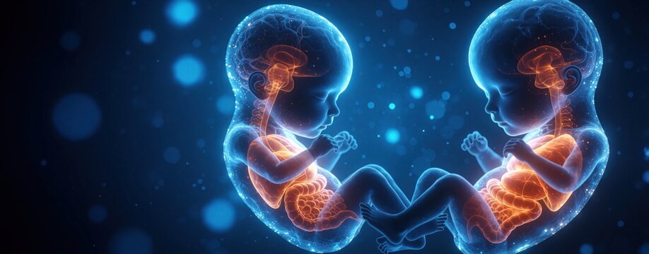 Twin fetuses develop inside womb. Two unborn babies show detailed anatomy with internal organs like brain, intestines. Glowing blue translucent bodies reveal human biological structure. Concept of