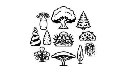 Obraz premium Modern Thick Outline Cartoon Forest Plants and Trees Icons 