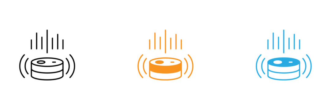 Three variations of a sonar or echo location device icon in black orange and blue