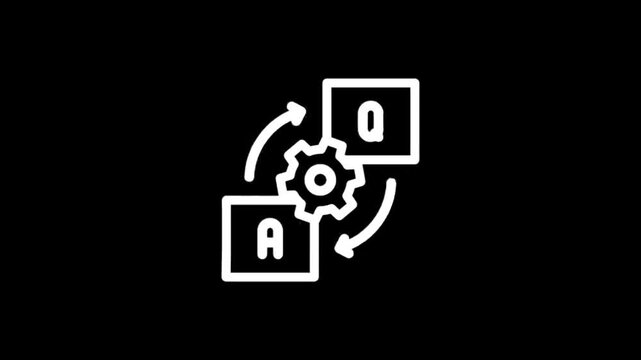 Animated icons showing question and answer process with gears and arrows