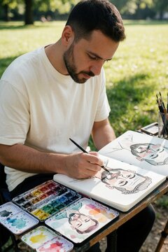 Young bearded man draws funny caricatures using watercolor paints in green park. Creative artist works on sketchbook with brush, colorful palette. Male illustrator creates humorous person portrait