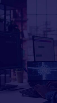 Man working at computer in modern office - Man using ai - Blue Backgroun