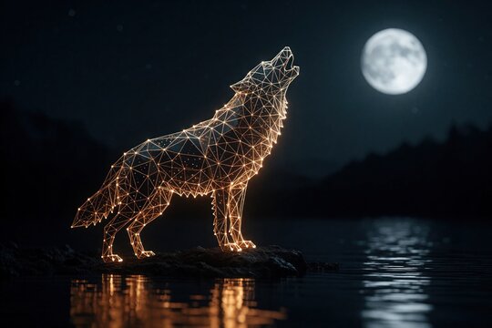 Abstract geometric wolf made of glowing orange lines, dots howls at full moon. Digital wireframe animal stands on rock by night lake. Futuristic low poly creature concept symbolising data connection,