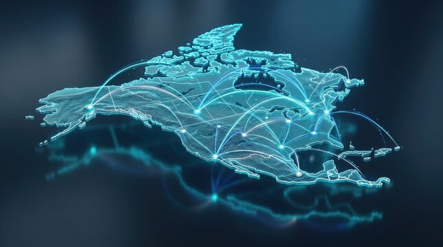 Futuristic 3D digital map of North America with glowing connection arcs between cities, representing communication networks, trade routes, logistics and regional connectivity technology