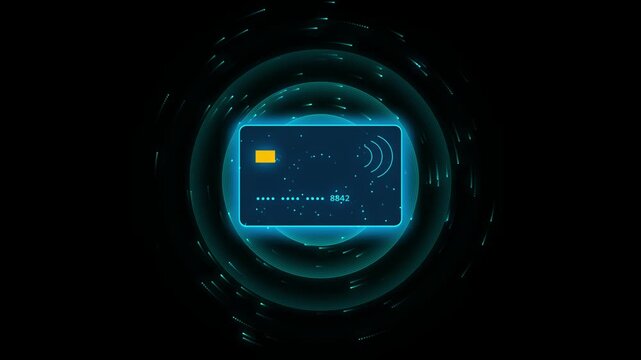 Contactless credit card payment animation with digital data waves and cyber security technology concept