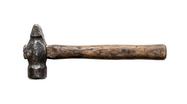 Vintage ball-peen hammer with weathered wooden handle, antique metal hand tool for carpentry and metalwork, rustic industrial hammer on white