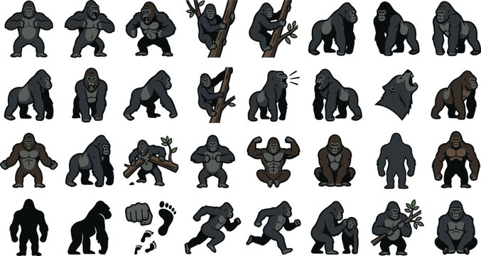 Gorilla Behavior and Primate Power Vector Icon Set featuring Chest Beating, Roaring, Knuckle Walking, Tree Climbing,  Silhouettes, Footprints, and Parent Child Bonding for Wildlife Designs