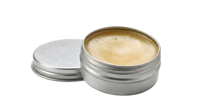 Organic lip balm in round silver tin container, natural beeswax ointment jar mockup, cosmetic metal salve packaging on white background