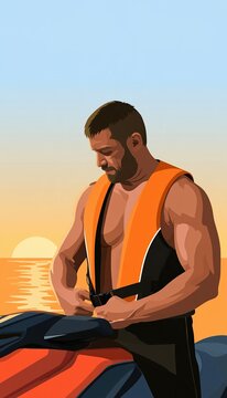 Solo male rider fastening safety vest beside personal watercraft at sunset