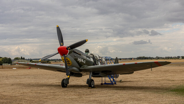 26 August 2026, Cotswold airport Gloucestershire England, Supermarine Spitfire Mk. 8 registered MT818. Two seat trainer variant of the famous World War Two British fighter aircraft.