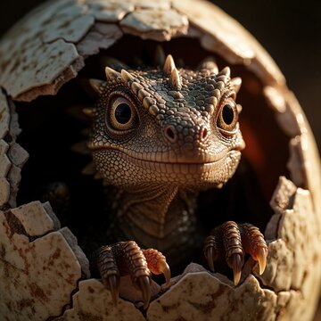 Baby dinosaur hatches from broken egg shell. Small reptile creature with large eyes, sharp claws emerges. Prehistoric monster newborn animal concept in jurassic world. Cute scary predator baby shows