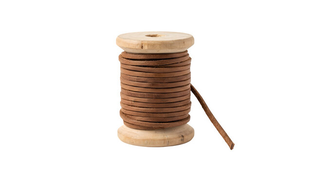 Vintage wooden spool with brown leather cord, rustic craft supply for leatherworking, leather string on bobbin isolated on white