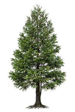 Ultra-realistic mature Celery-top Pine (Phyllocladus aspleniifolius), medium-to-large evergreen conifer with a dense pyramidal crown, flattened celery-like green phylloclades forming layered foliage