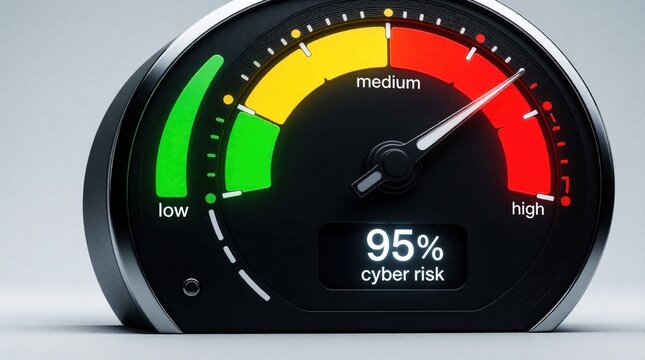 Cyber risk gauge shows high level danger with needle in red zone. Digital security meter displays ninety five percent threat level on black screen. Concept of data vulnerability, online safety risk