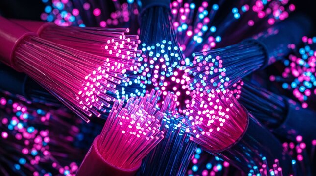 Fiber optic cables glowing with pink and blue light for high speed data transmission tech.