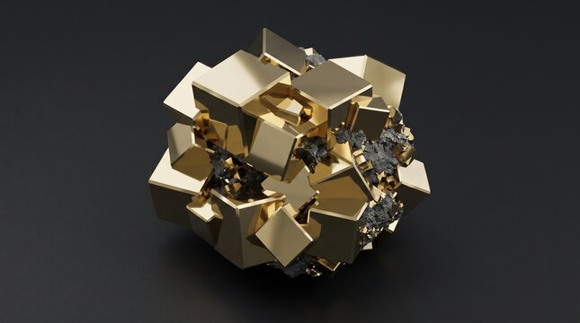 Abstract gold pyrite cube cluster with dark mineral inclusions on sleek dark background.