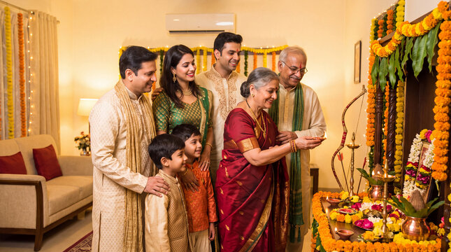 Family celebrating Dussehra at home, dressed in traditional attire, gathered around a decorated altar with flowers and lamps in a warm interior setting