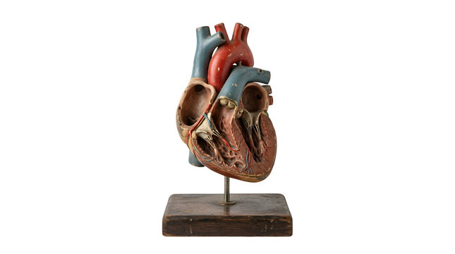 Vintage anatomical heart model, cross section human heart replica on wooden stand, medical education display isolated on white