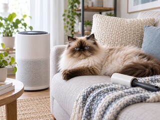 Naklejka na ściany i meble Fluffy Himalayan cat relaxing beside a home air purifier and lint roller, representing pet hair management, indoor air quality and allergy-friendly living.