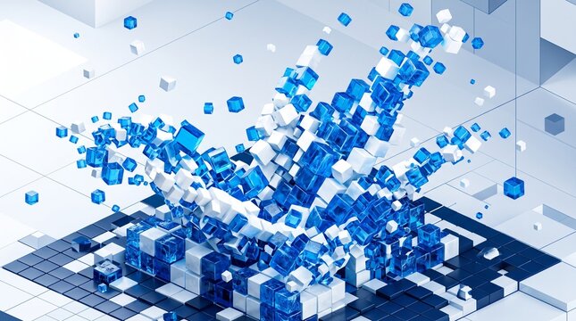 Blue and white cubes explode from digital grid on white background for technology concept.