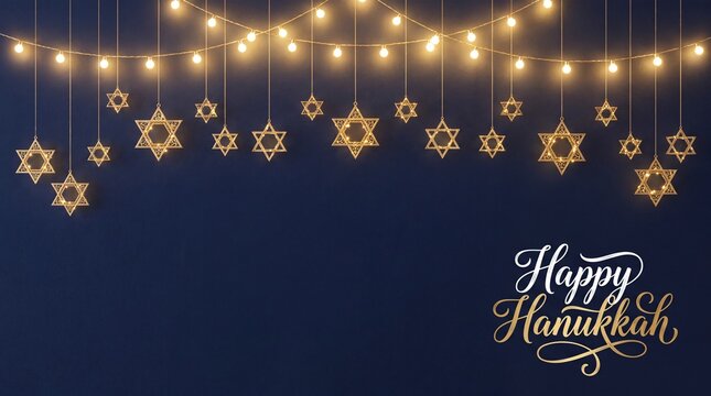 Hanukkah greeting with glowing string lights and hanging Star of David ornaments against dark blue background, festive holiday illustration