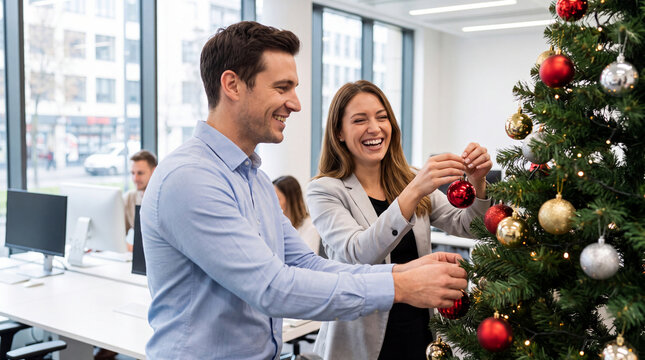 Smiling man and woman decorating a richly ornamented Christmas tree with red and gold baubles in a bright modern office interior