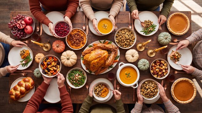 Thanksgiving dinner table with roasted turkey, various side dishes, and seasonal decorations, surrounded by hands reaching for food