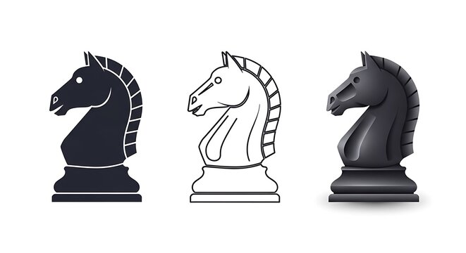 Collection of chess knight vector icons in outline, silhouette, and 3D styles.
