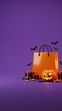 Orange shopping bag with carved jack o lantern, Halloween gifts, candy and bats on purple background still life
