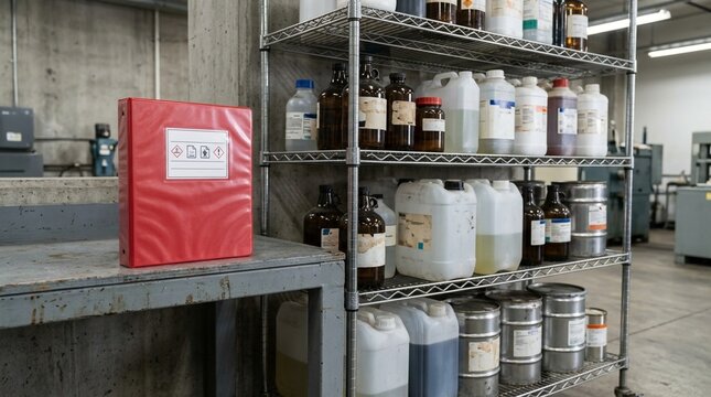 Safety Data Sheet Binder Resting beside a Chemical Storage Rack