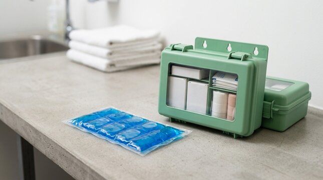 Gel Ice Pack Resting beside Staged Safety Kit Units