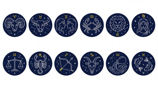 Twelve zodiac signs illustrated in navy blue circular panels with white line art and gold symbols arranged in two rows, vector illustration