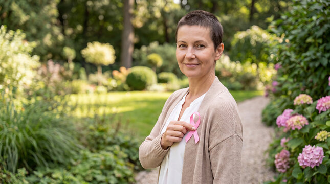 Woman holding pink awareness ribbon outdoors in a lush garden with flowering hydrangeas and landscaped greenery, natural portrait