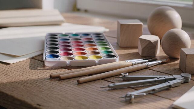 Creative design and artistic inspiration concept watercolor paint set with drafting compass and wooden geometric shapes on a rustic wooden desk