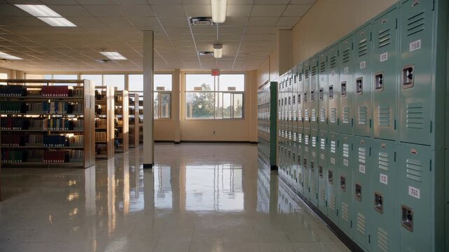 Education and academic environment empty school hallway with rows of metal lockers and library bookshelves quiet campus interior static wide shot