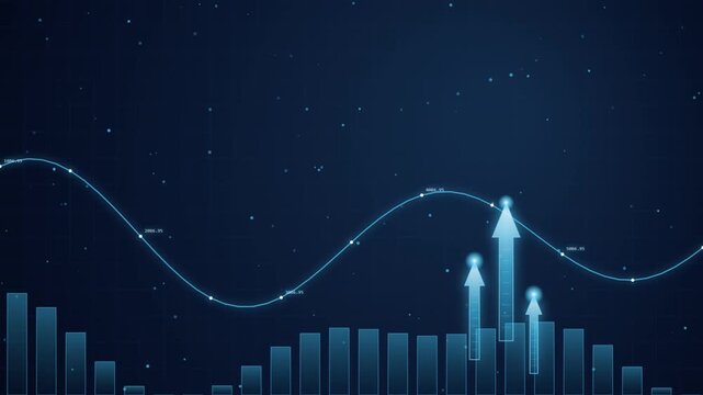 Financial growth chart with rising arrows and data trends: digital business analytics and market success visualization