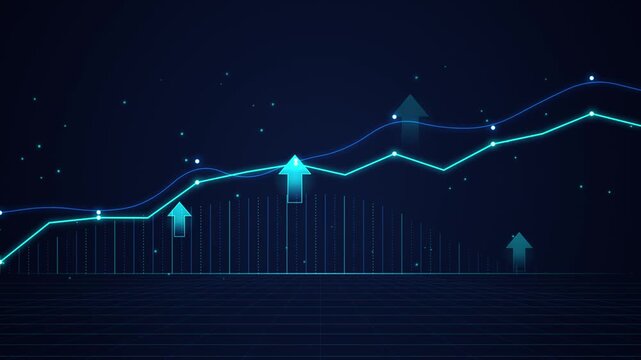 Financial growth chart with rising arrows and digital data trends, business analytics hud background