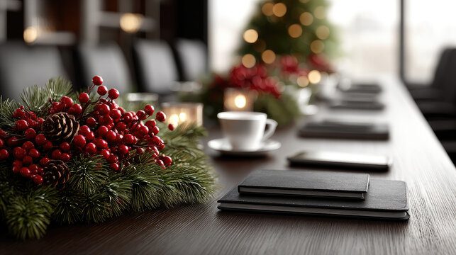 Boardroom decorated for holidays, showing a festive atmosphere for business meetings and year-end corporate events, blending professional and celebratory themes