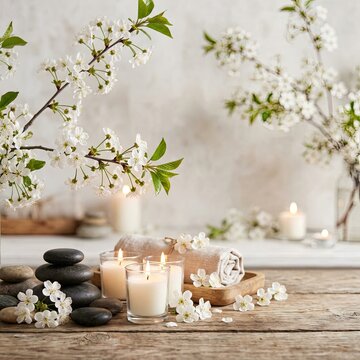 A serene spa setting with lit candles, smooth stones, and blooming cherry blossoms.