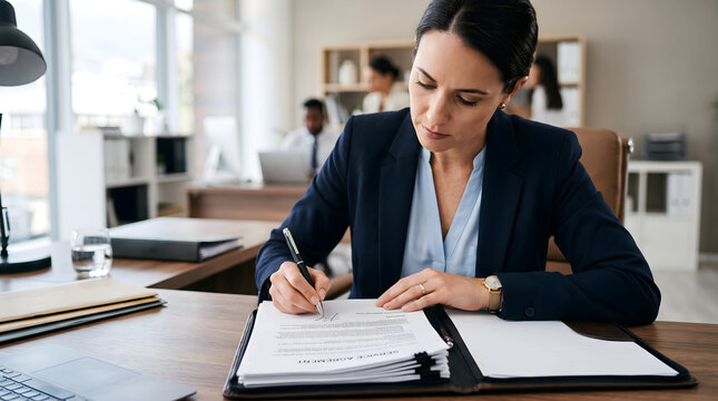 Businesswoman Reviewing Documents and Signing Professional Contract