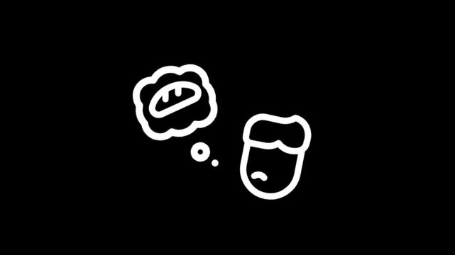 Simple animation of a character thinking about food, with a bread icon
