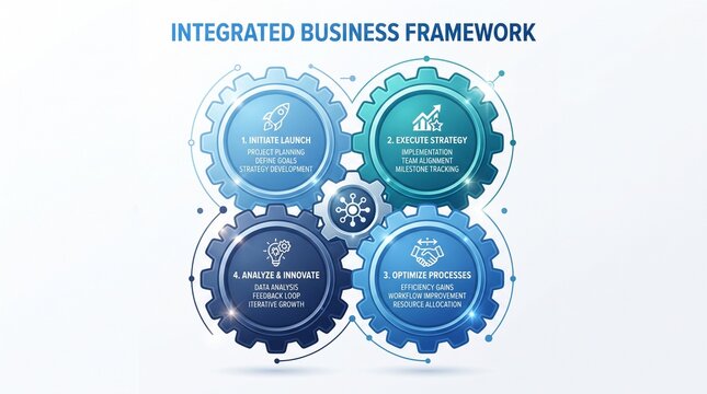 Integrated business framework infographic with four interconnected gears