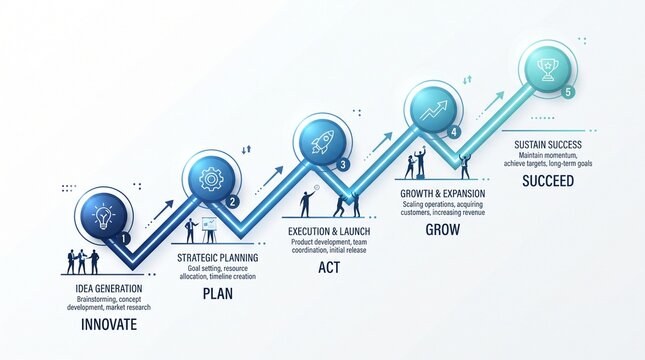 Five step business growth infographic with icons and professional team